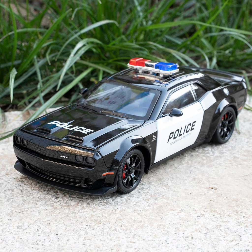 Modelo de coche de policía coleccionable 1:24 Challenger SRT Hellcat juguete, vehículo fundido a troquel con luces y sonidos, juguete de auto modelo de decoración para adultos y niños, regalos de cumpleaños