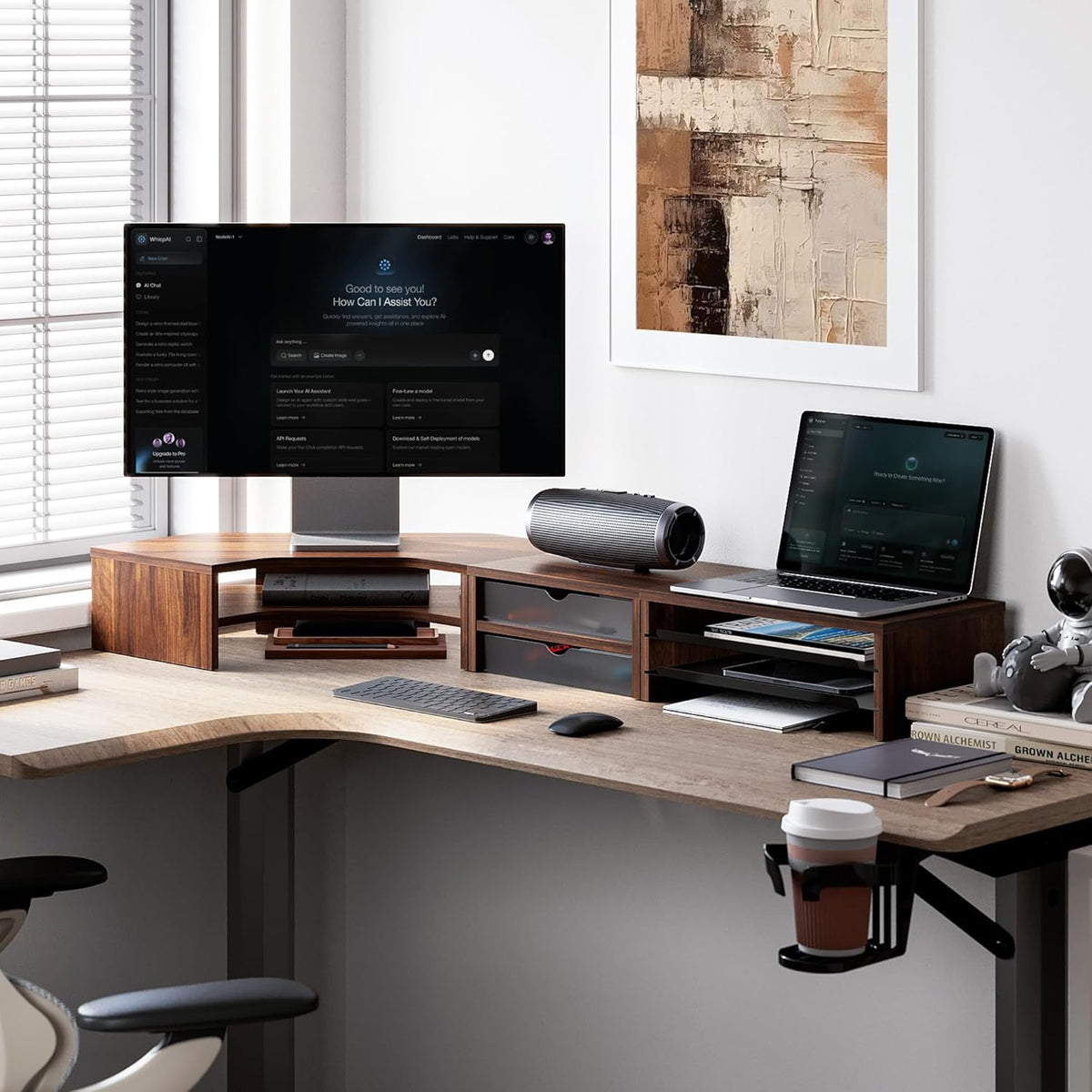 Fenge Soporte para monitor doble, estante de escritorio de esquina con
