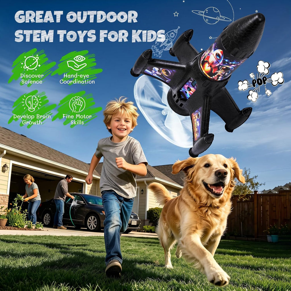 Lanzacohetes para niños, juguete de cohete de aire motorizado de lanzamiento automático de 200 pies con paracaídas y LED, juguete volador al aire libre, regalos de cumpleaños geniales para
