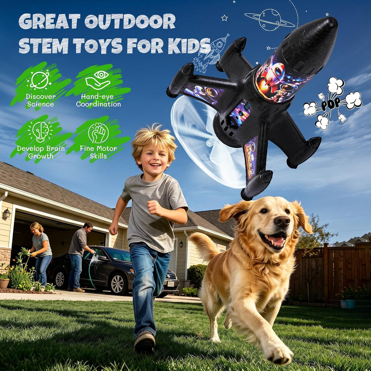 Lanzacohetes para niños, juguete de cohete de aire motorizado de lanzamiento automático de 200 pies con paracaídas y LED, juguete volador al aire libre, regalos de cumpleaños geniales para