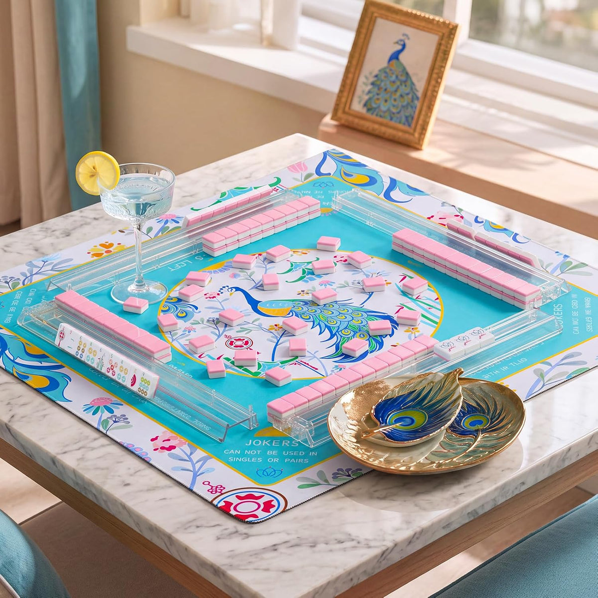 Set de 160 Fichas de Mahjong en color Rosa con Grabado y Bolsa de Transporte y Accesorios, Juego de Fichas de Mahjong de 1.2’’