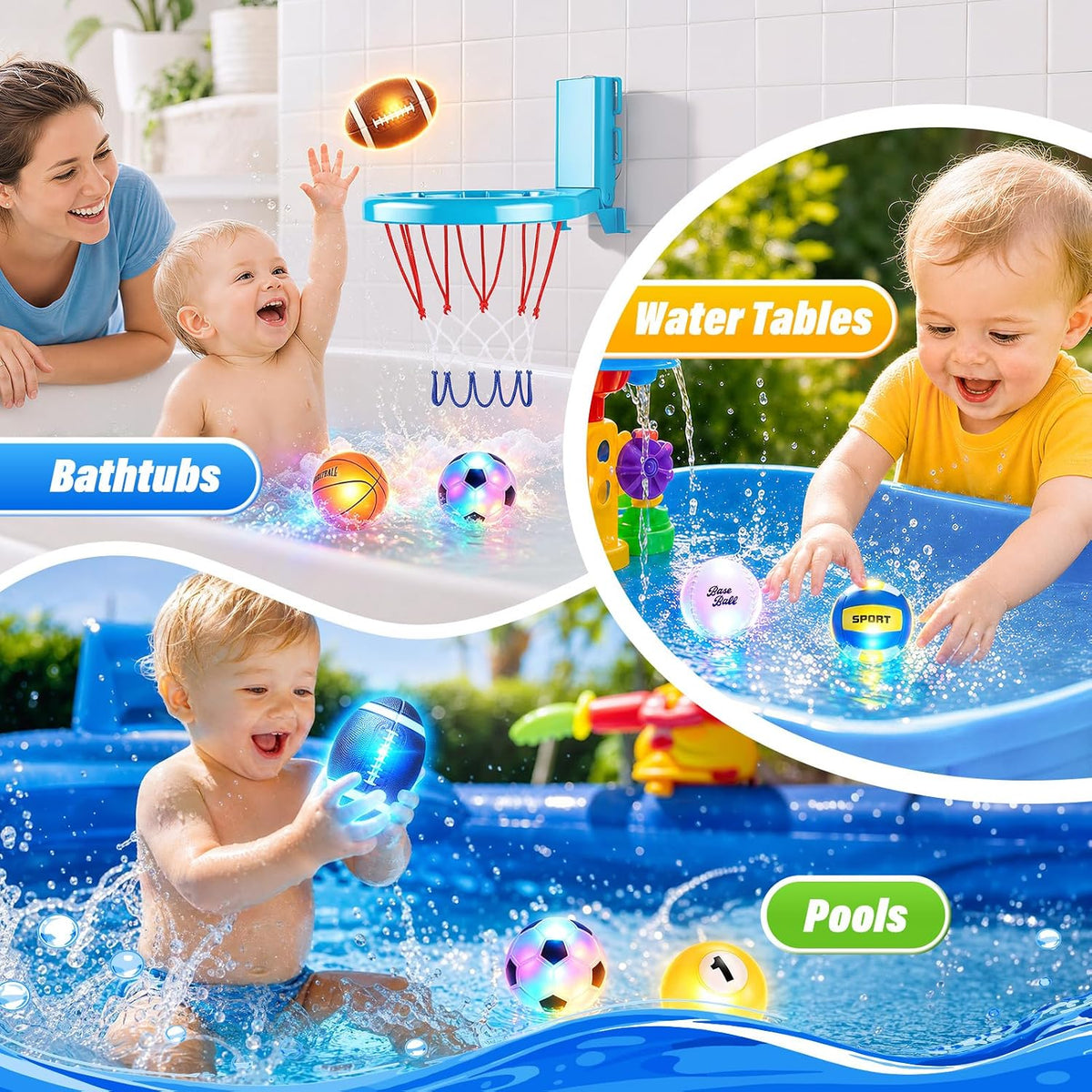 Juguetes de baño, juguete iluminado para bañera para niños pequeños de 1-3 años, 6 piezas con aro de baloncesto