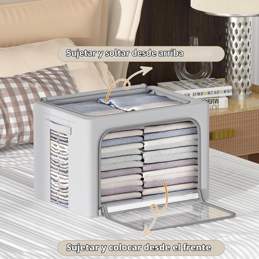 CYhom Paquete de 3 cajas de almacenamiento con marco, bolsas de almacenamiento de ropa, tela Oxford, plegable, apilable, juego organizador con ventana transparente y asas de transporte, gran capacidad (gris, grande, 66 L)