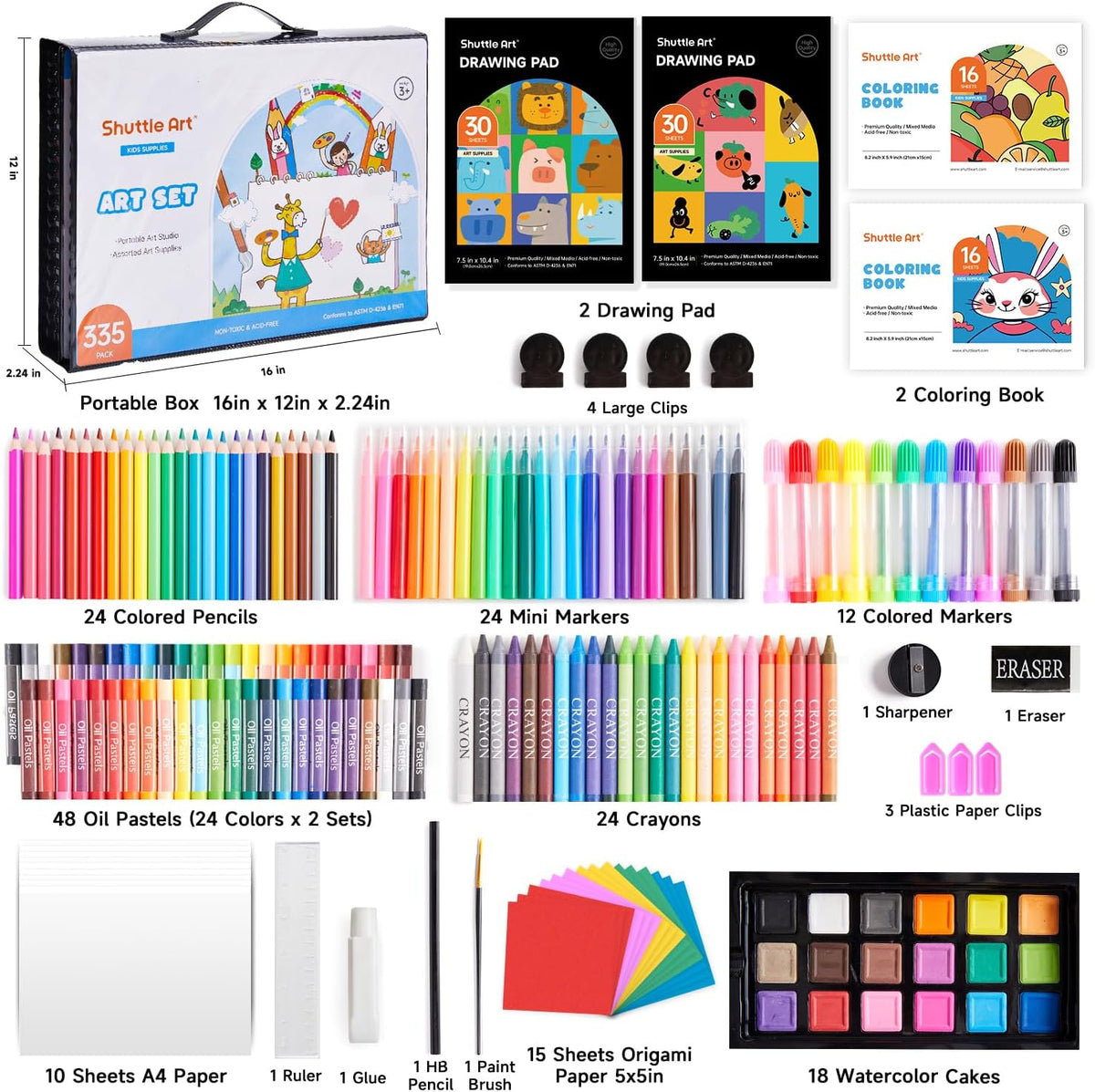 Shuttle Art Juego de arte para niños de 335 piezas, suministros de arte multimedia, kit de arte de regalo con caballete triple, 2 blocs de dibujo, 2 libros para colorear, pasteles al óleo, crayones y
