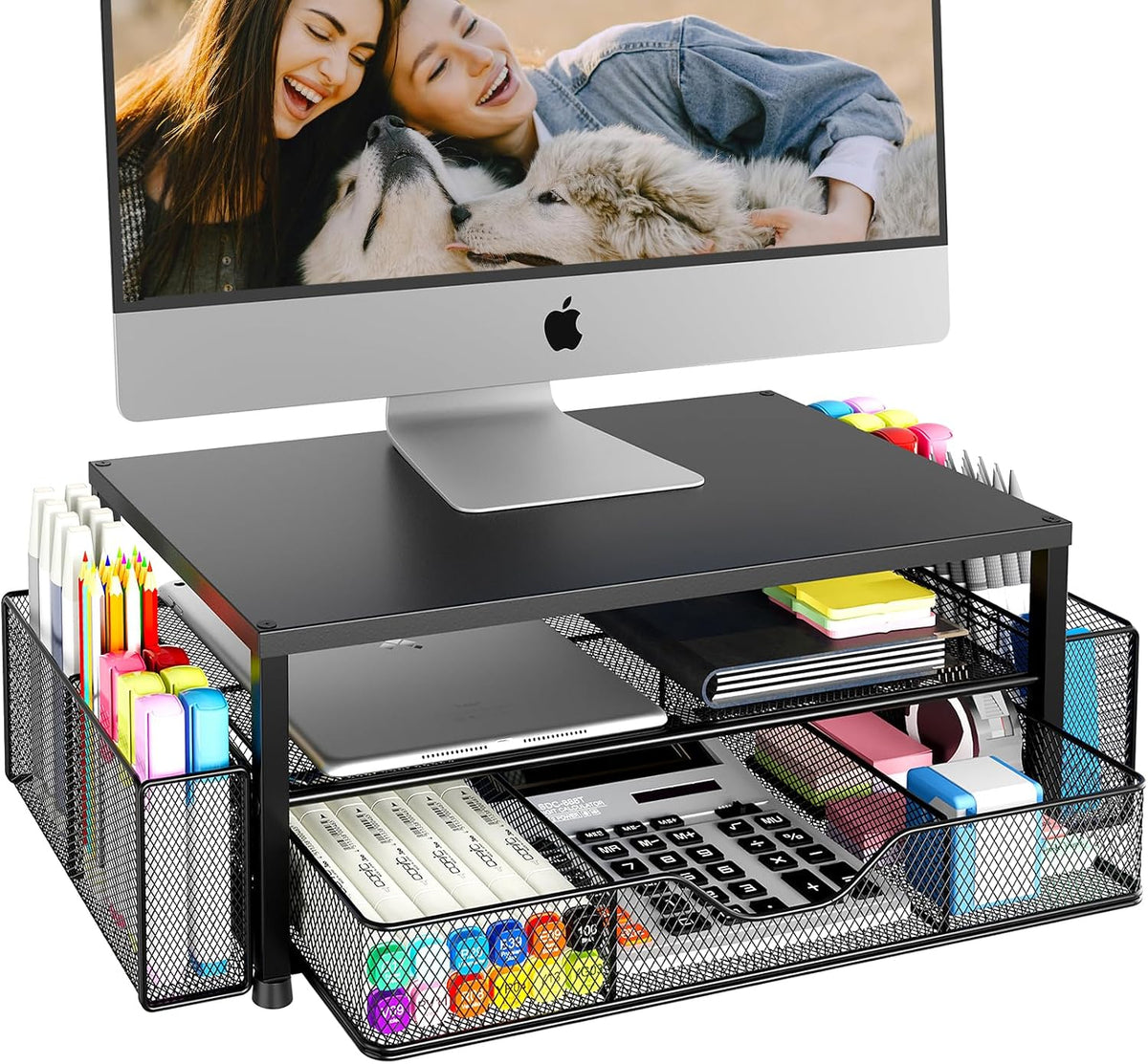 Lámpara Organizador de escritorio y accesorios, soporte elevador de monitor de computadora de 2 niveles con cajón y 2 soportes para bolígrafos, soporte para laptop, accesorios de escritorio de oficina