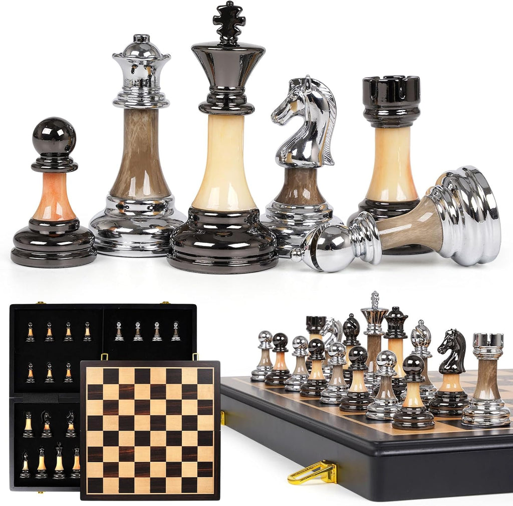 Juego de ajedrez de lujo grande de metal y acrílico con tablero de ajedrez de madera (17 pulgadas), piezas de metal ponderadas con tamaño King de 3.5 pulgadas, juego de ajedrez de torneo plegable para adultos y niños, juego de mesa familiar profesional