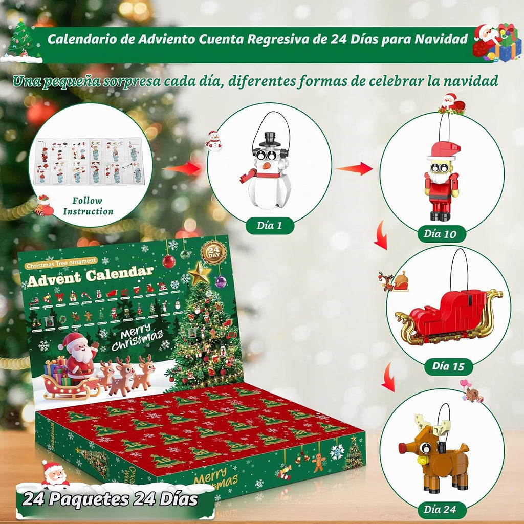 Calendario de Adviento 2026, adornos de Navidad, juego de construcción compatible con Lego, corona de Papá Noel, pan de jengibre, reno, juguete de construcción 24 en 1, cuenta regresiva de 24 días para juguetes de Navidad, regalos para niños y niñas