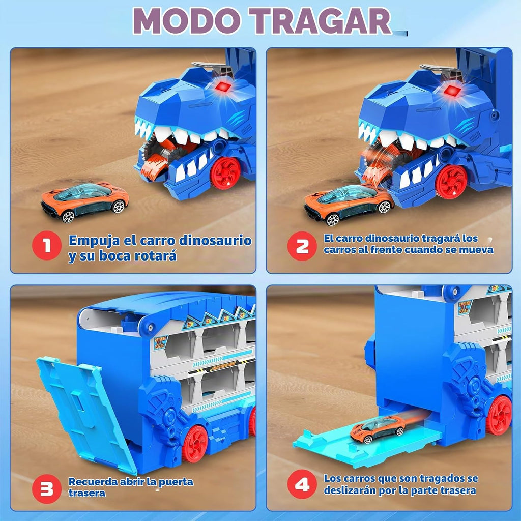 Juego de juguetes de pista de carreras de autos de transporte de dinosaurios para niños con coches de metal fundido a presión