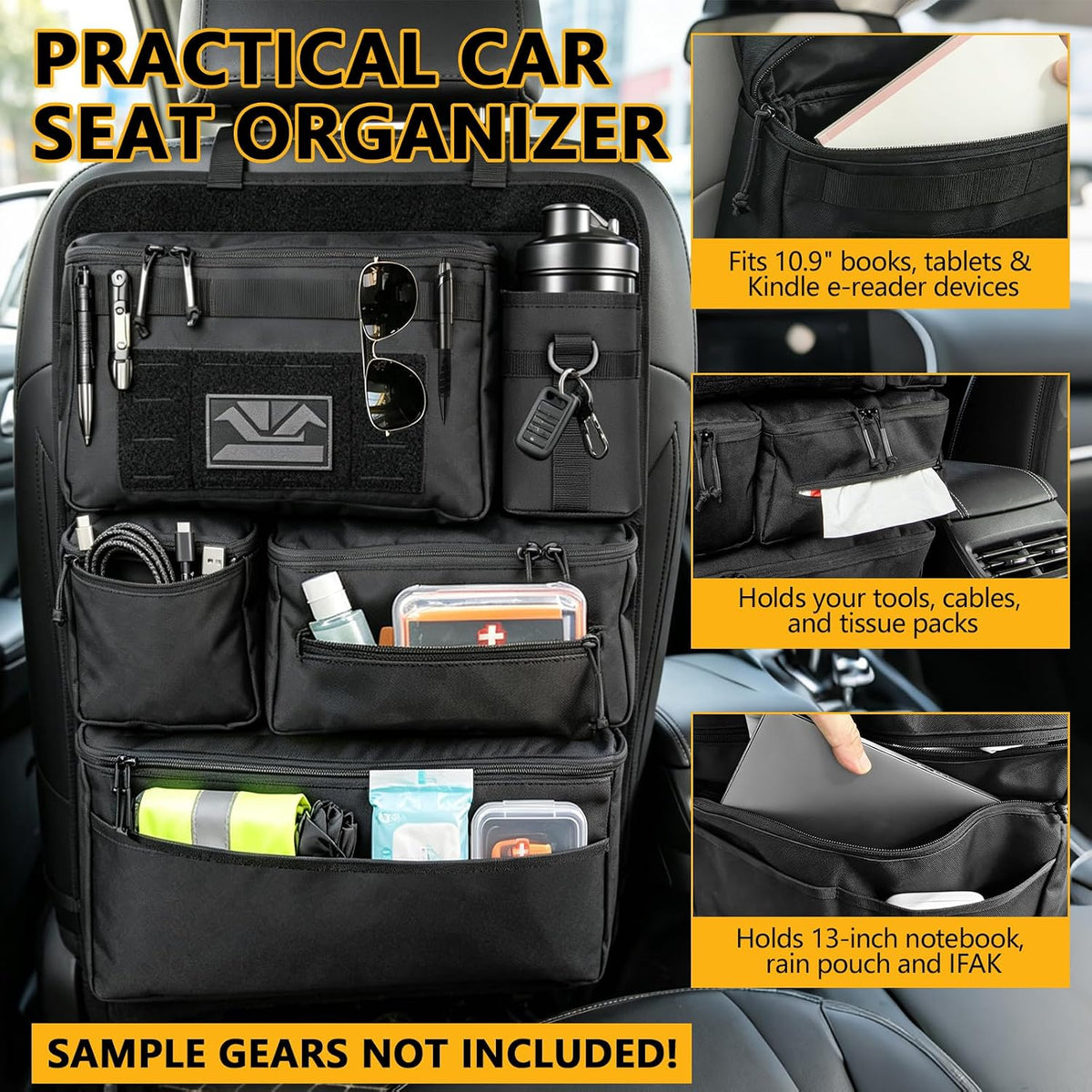 Organizador de asiento trasero táctico todo en uno para autos, SUVs, camiones y Jeeps