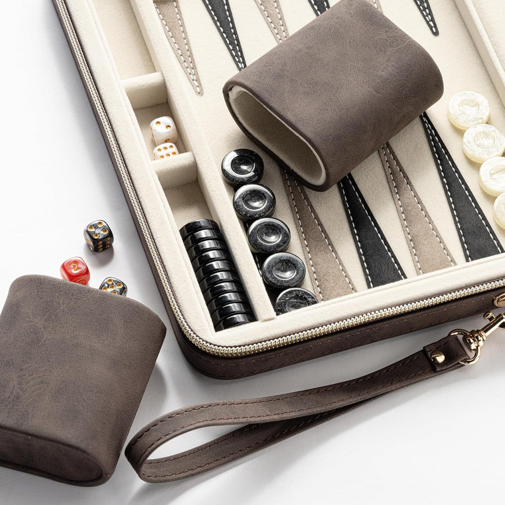 Juegos de backgammon para adultos y niños, tablero clásico de backgammon con dados de damas únicos, funda plegable de piel sintética de backgammon para backgammon (marrón)