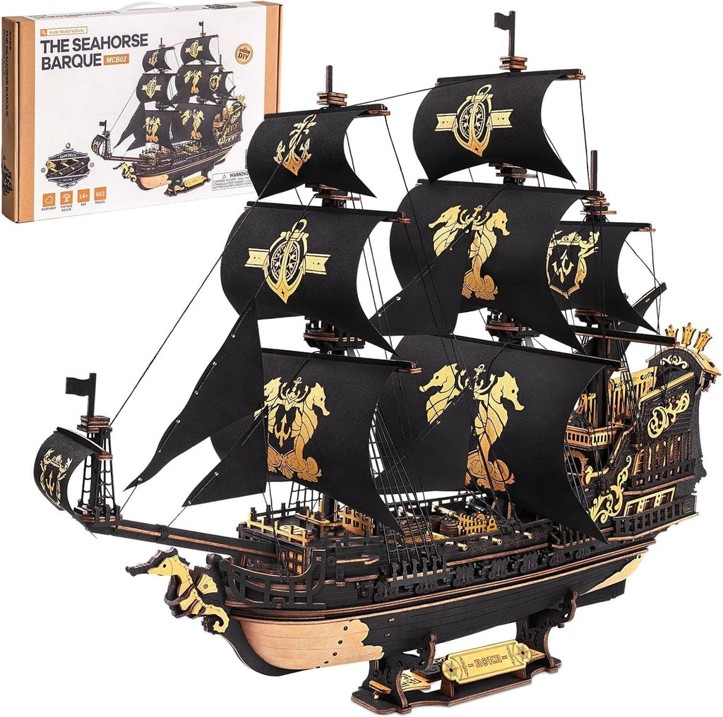 ROBOTIME Rompecabezas de madera 3D de caballito de mar para adultos, kits de modelo de velero negro para niños y hombres, decoración de oficina en casa, regalos de construcción de barcos piratas (603
