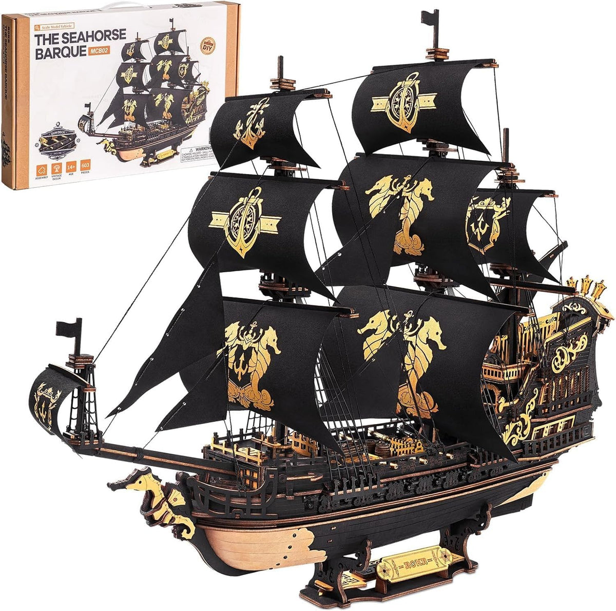 ROBOTIME Rompecabezas de madera 3D de caballito de mar para adultos, kits de modelo de velero negro para niños y hombres, decoración de oficina en casa, regalos de construcción de barcos piratas (603