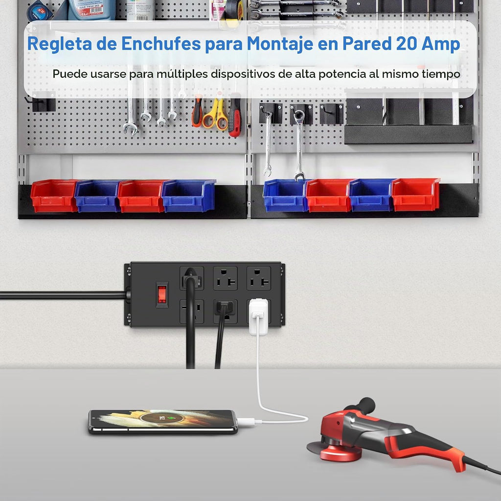 Regleta de alimentación resistente de 20 amperios, garaje 6 salidas de metal calibre 12, protector de sobretensiones 3000J, adaptador 5-15P de alto amperio para taller 6-20R ranura en T