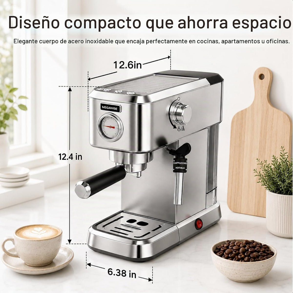 MEGAWISE Máquina de café expreso de 20 bares | Cafetera compacta de acero inoxidable con espumador de leche de vapor, tanque extraíble | Máquina de café con leche de capuchino para el hogar, color