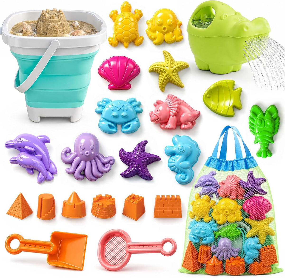 TOY Life Juego de 23 piezas de arena Ocean Beach, moldes de animales