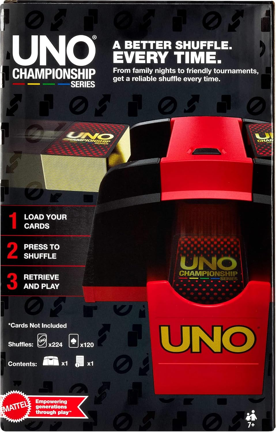 Mattel Games UNO Championship Series - Barajador de cartas para tarjetas UNO y compatible con barajas estándar, pulsador y baraja hasta 224 cartas