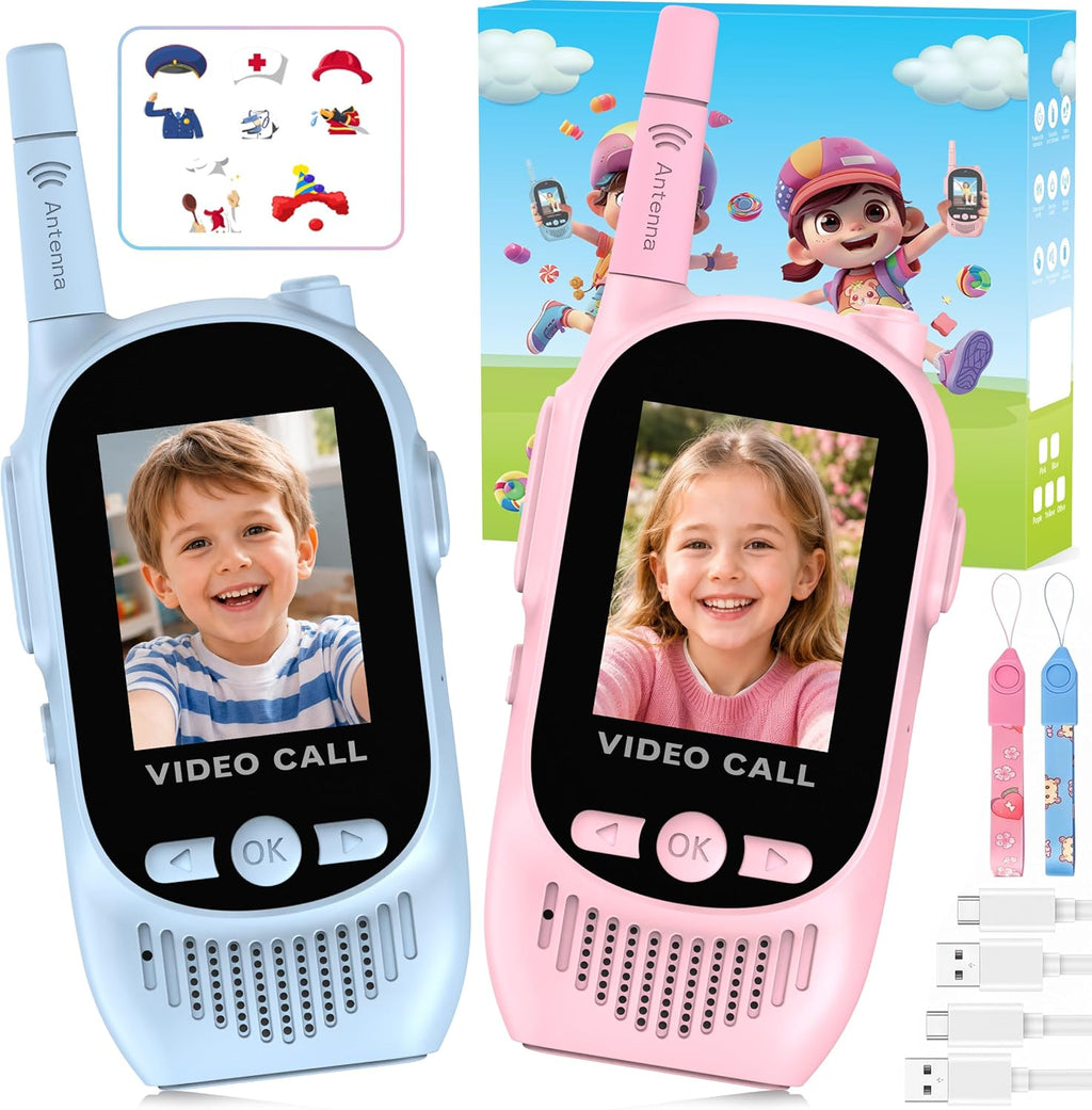 Walkie Talkies de video para niños, paquete de 2 juguetes recargables para cámara y pantalla, chat de campamento de largo alcance para interiores y exteriores, radios bidireccionales, regalos de