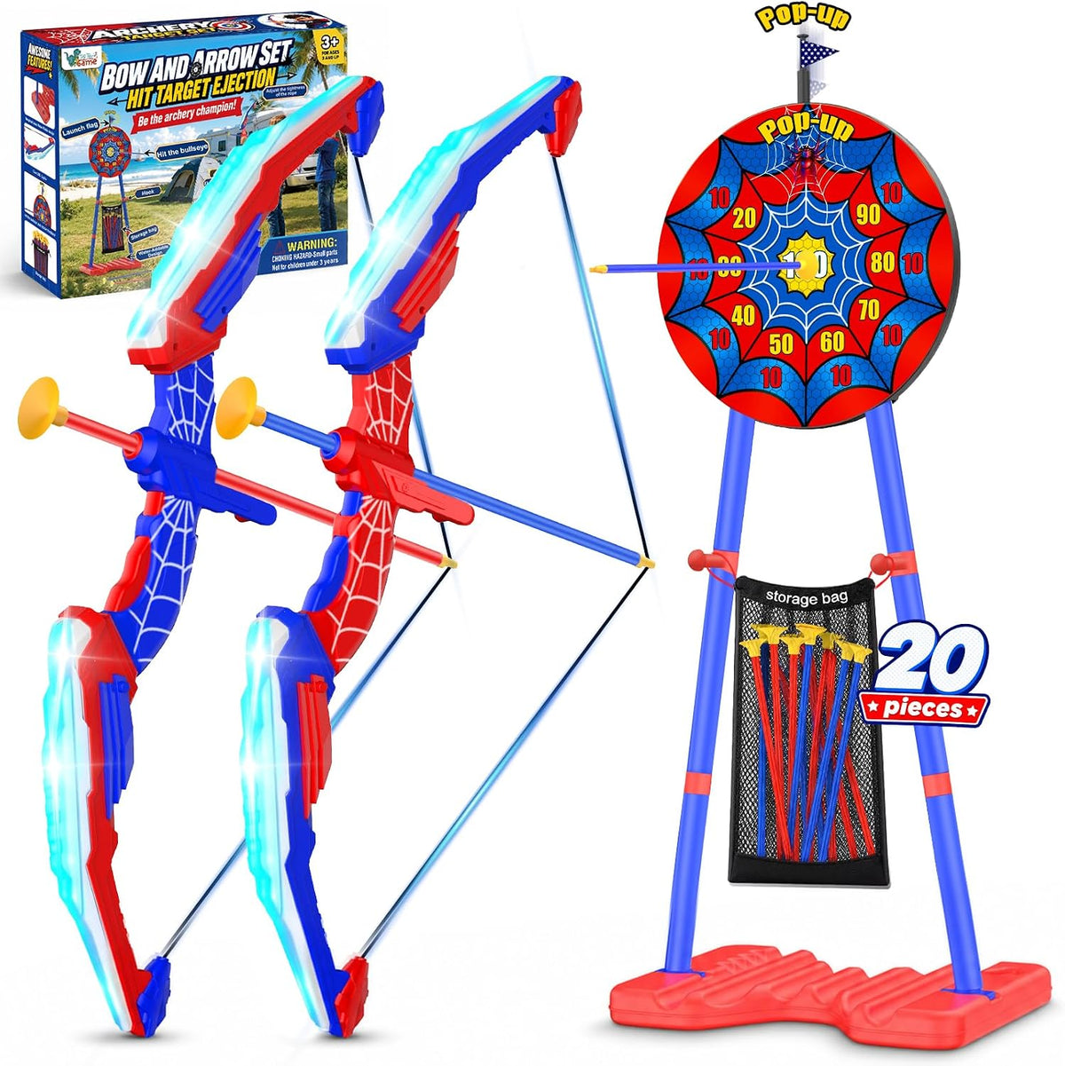 TIGTECGAME Arco y flecha para niños con objetivo desplegable de pie, paquete de 2 juguetes de tiro con luz LED con 20 flechas de ventosa, juegos deportivos para interiores y exteriores y regalos de