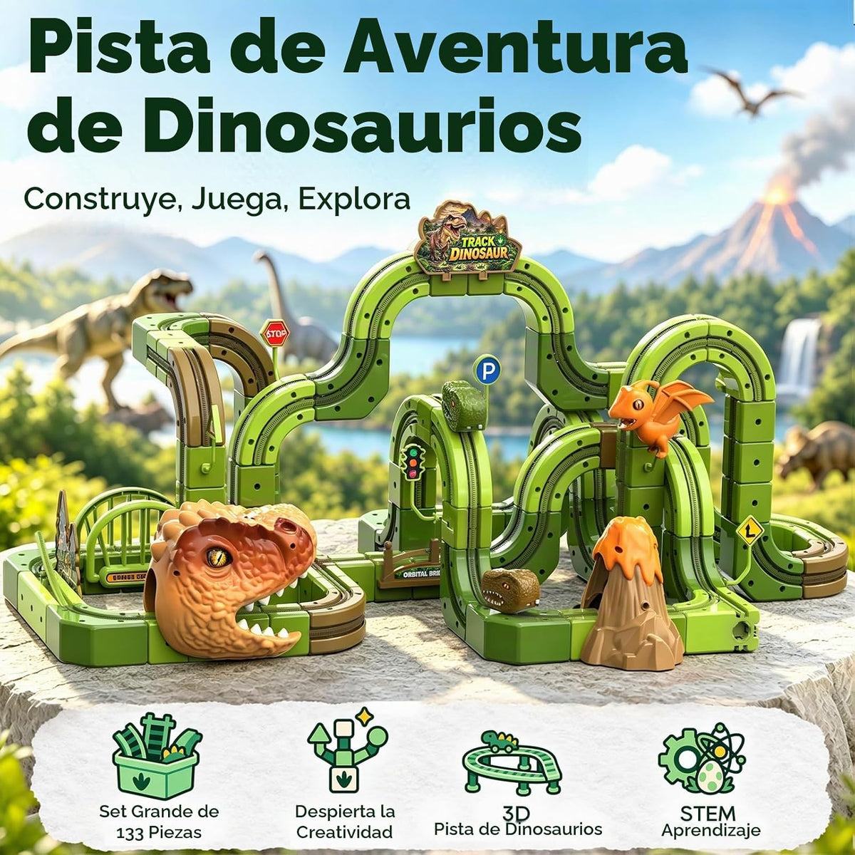 Juego de tren de dinosaurio eléctrico de 133 piezas, pista de carreras de