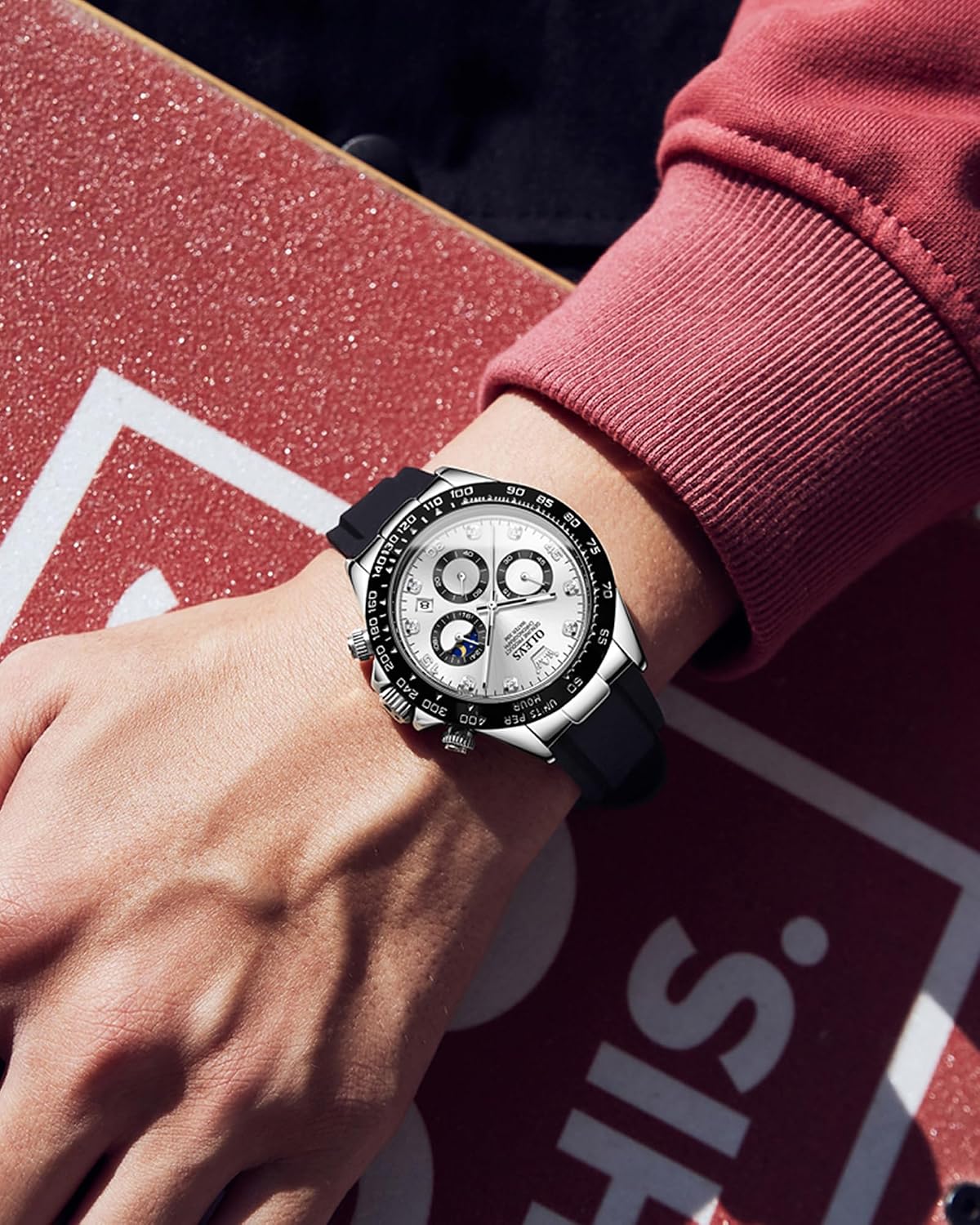 OLEVS Relojes de pulsera analógicos de cuarzo para hombre, cronógrafo, multifunción, fase lunar, fase luminosa, banda de silicona, relojes de pulsera