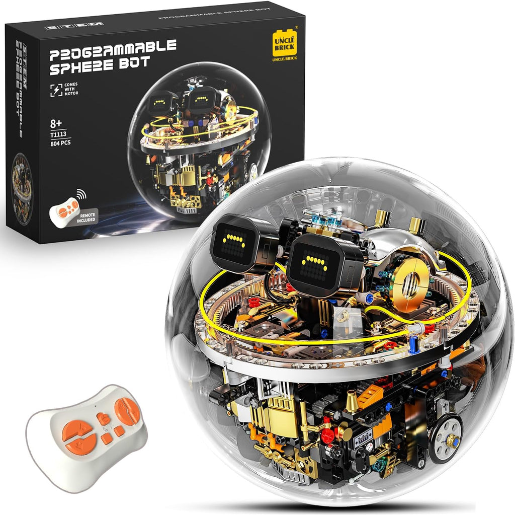 UNCLE BRICK Juego de bloques de construcción de robot esférico transparente, juguetes STEM para edades de 8 a 13 años, programable controlado a distancia, pantalla de expresión LED e iluminación Cyberpunk, regalos de vacaciones y cumpleaños