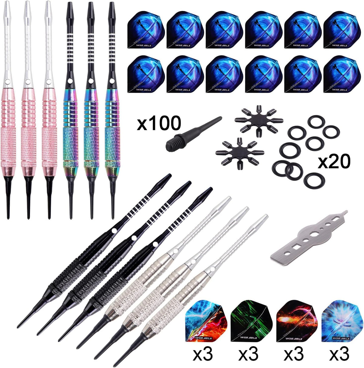 WIN.MAX Darts Punta de plástico 12 unidades Dardos de punta blanda para tablero electrónico de dardos