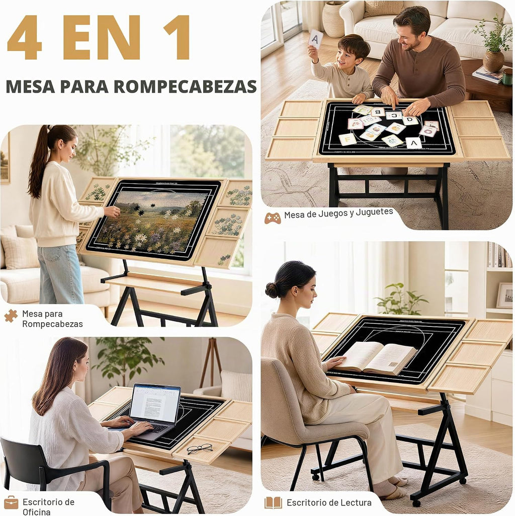 Mesa de rompecabezas de madera con ruedas móviles para rompecabezas de 1500 piezas, tablero de rompecabezas con cajones, superficie de fieltro, altura e inclinación ajustables, regalo de Navidad