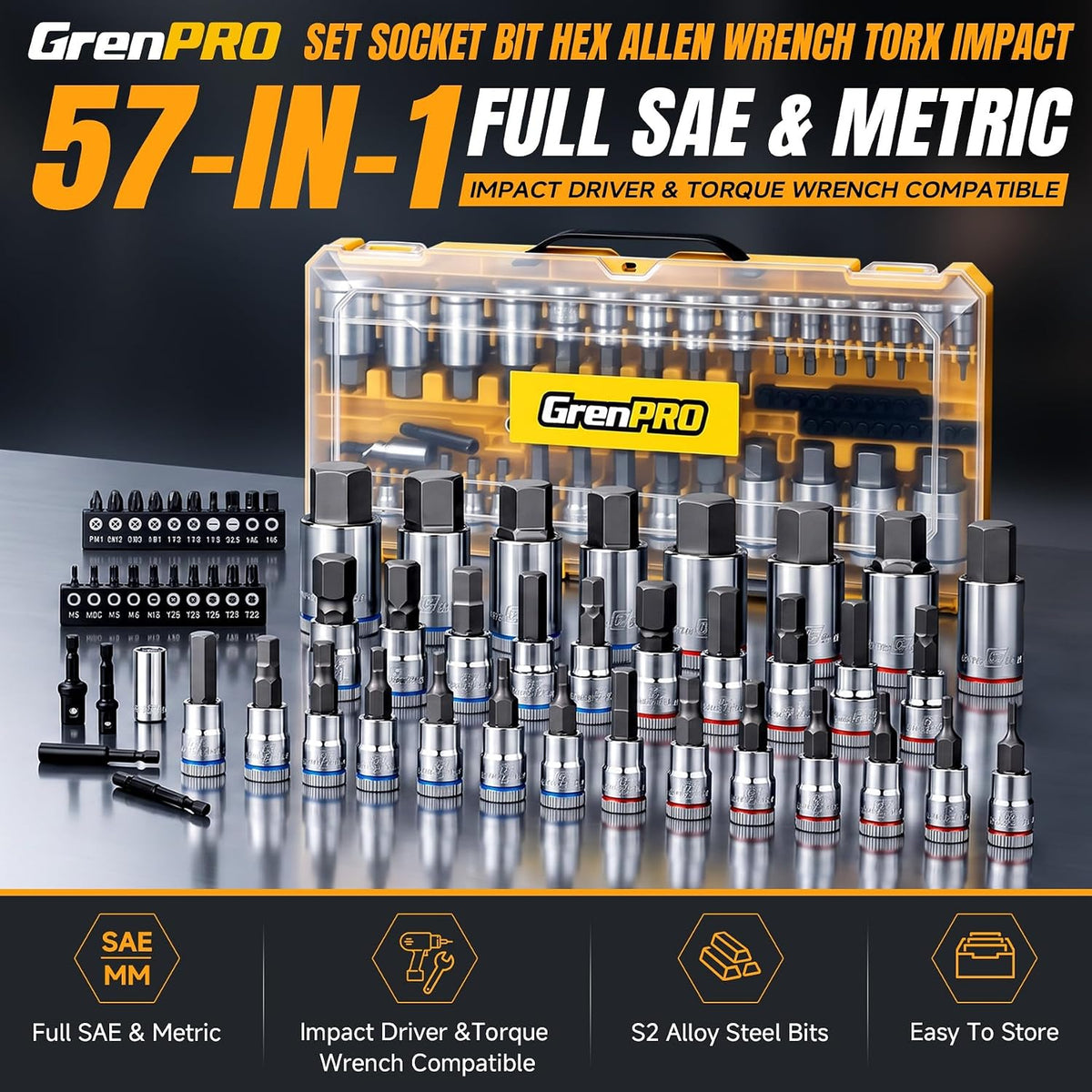 Juego de llaves hexagonales de 57 piezas SAE Metric Allen S2 1/4 3
