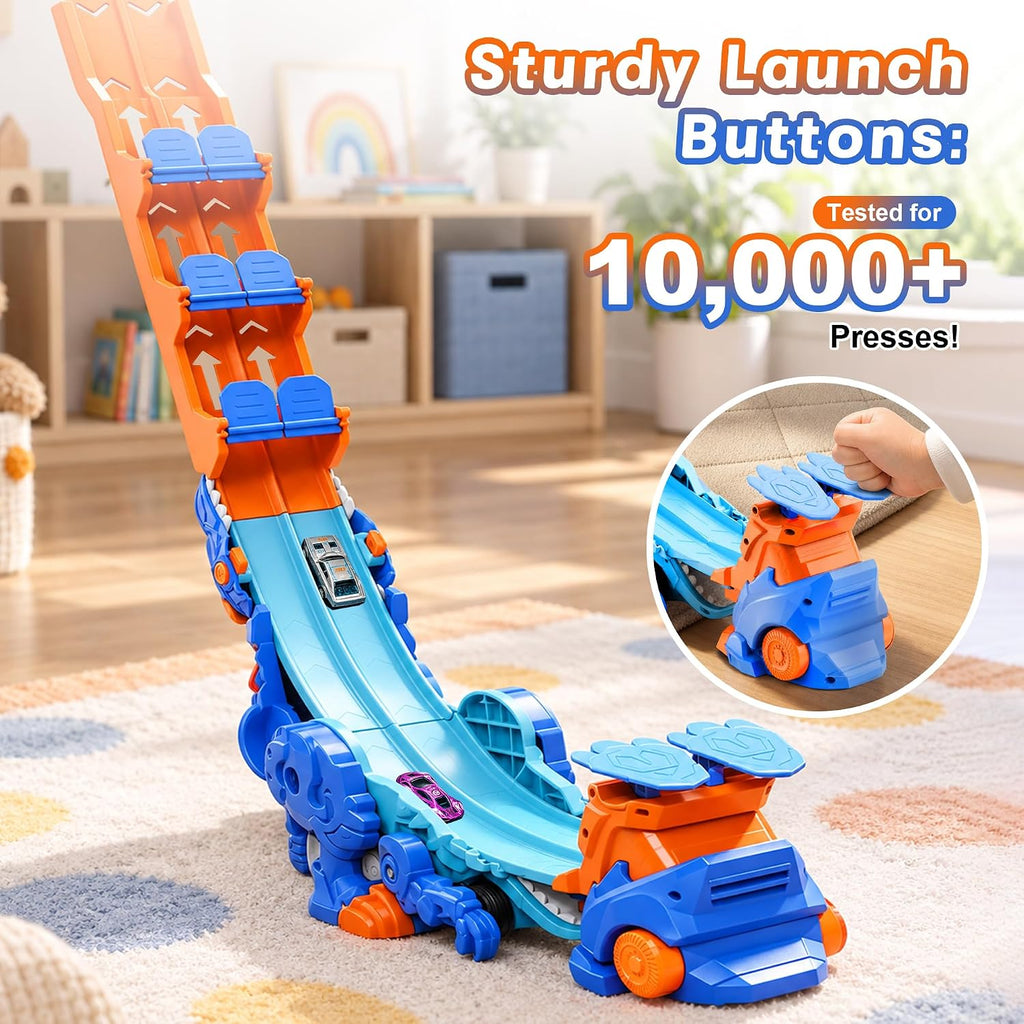 Camión de dinosaurio 4 en 1 con 6 autos fundidos, camión de dinosaurio de transporte transformable con lanzadores de doble pista y pistas deslizantes plegables