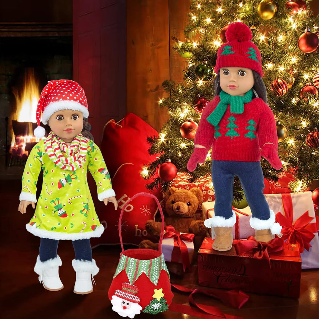 UNICORN ELEMENT 2 juegos de ropa y accesorios para muñecas de Navidad de 18 pulgadas, disfraz de Papá Noel de Navidad, incluyendo vestido de Navidad, suéter, horquilla, sombrero, bufanda, botas, etc