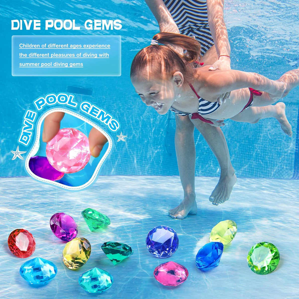 Juguetes de verano con gemas de buceo para piscina con cofre del tesoro