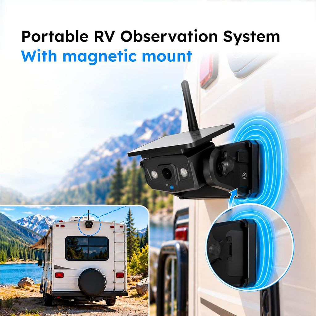 Waggle Sistema de observación de RV, pantalla DVR inalámbrica de 7 pulgadas, cámara de respaldo 1080P con panel solar integrado, batería recargable de 9600 mAh, carga USB-C, impermeable IP67, visión
