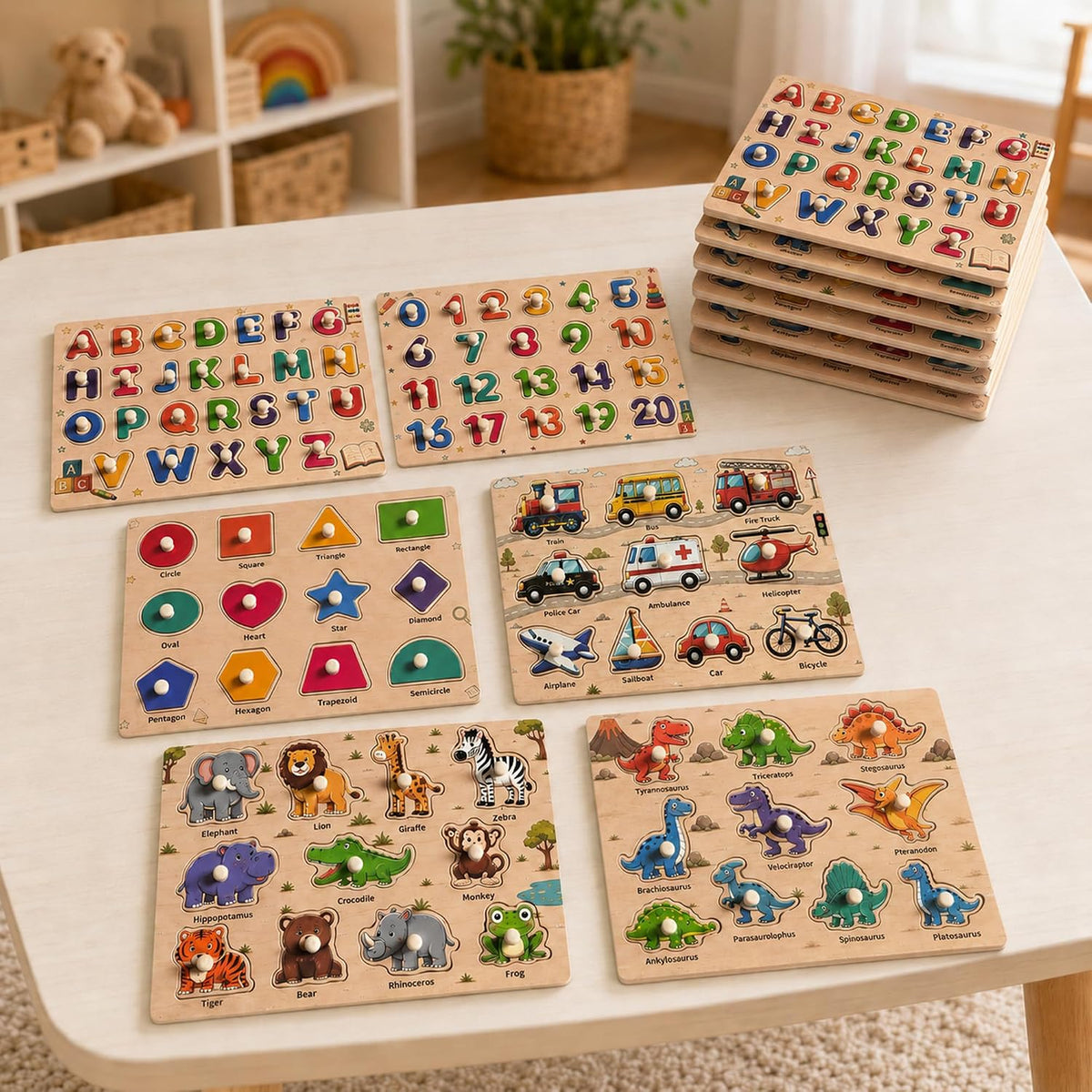 Rompecabezas de madera para niños de 3 a 5 años, paquete de 6 rompecabezas grandes con forma de números del alfabeto ABC con forma de dinosaurio, juguetes de aprendizaje preescolar, regalos educativos