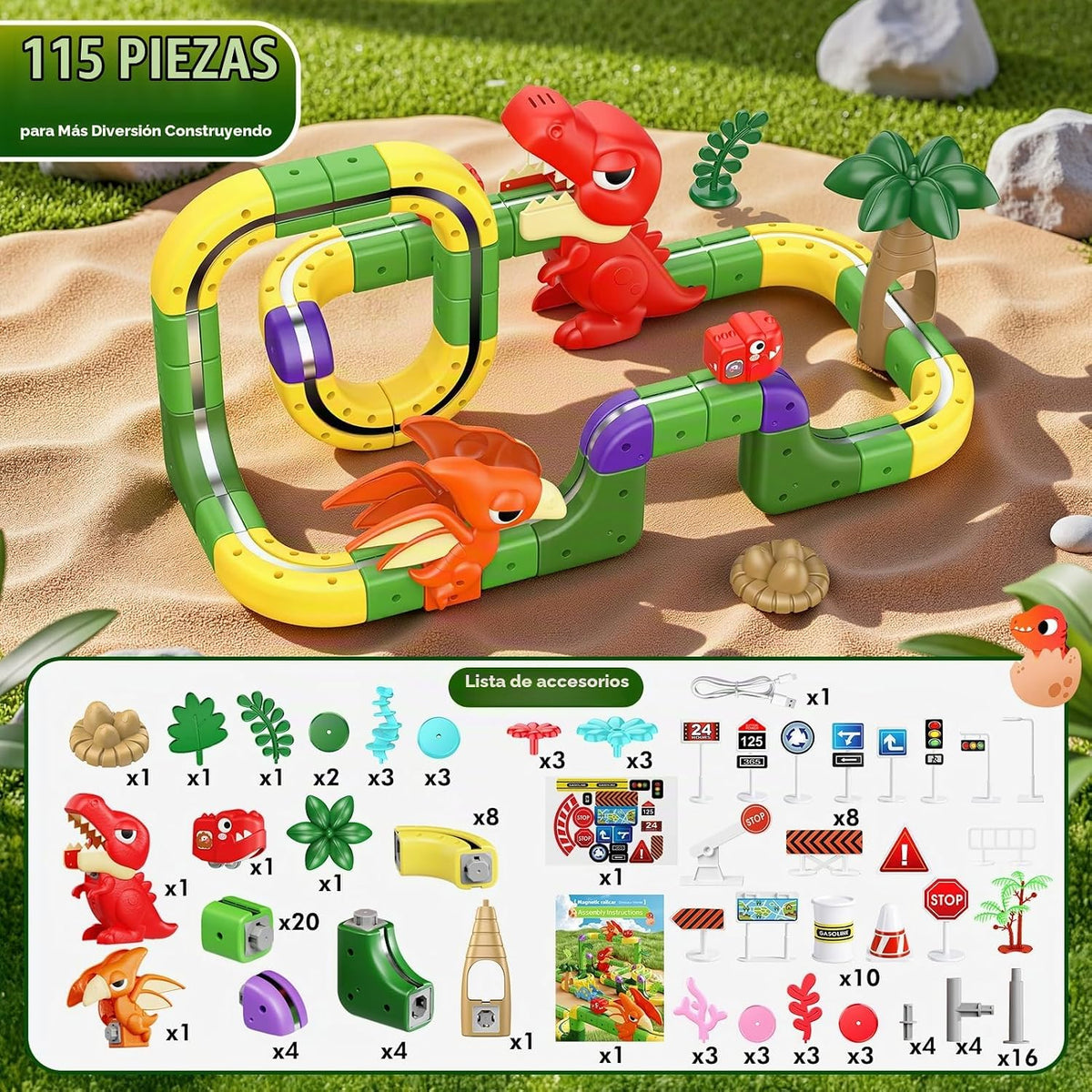 Juego de tren magnético de dinosaurio para niños de 3 a 5: 115 piezas 3D Infinity Racer Cube pistas antigravedad riel eléctrico de tren de pistas de regalos de cumpleaños juguetes para niños