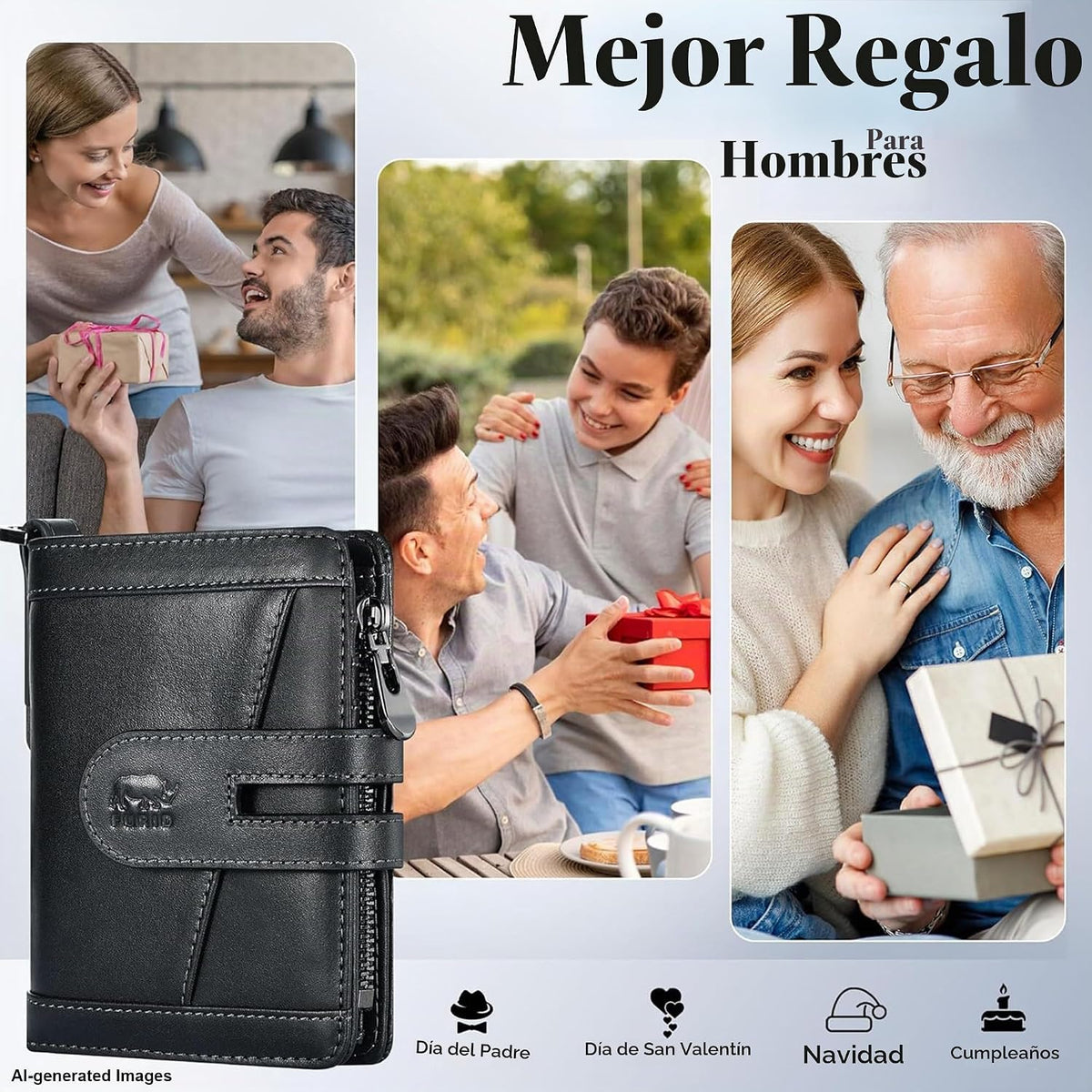 Cartera de cuero genuino para hombre: billetera de cadena antirrobo