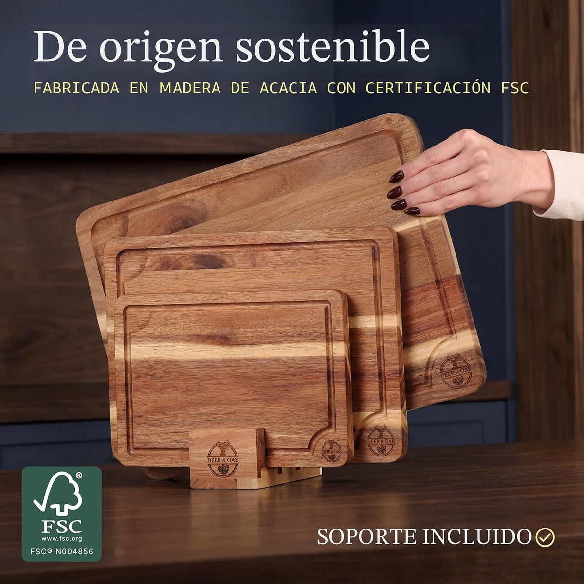 Juego de tablas de cortar de acacia de 3 piezas no tóxicas con soporte