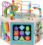 Teamson Kids Laboratorio de Juego Preescolar 7 en 1 Estación Centro de Cubo de Actividades de Madera Grande Laberinto de Cuentas y Conteo para Niños Juguetes para Bebés, Natural