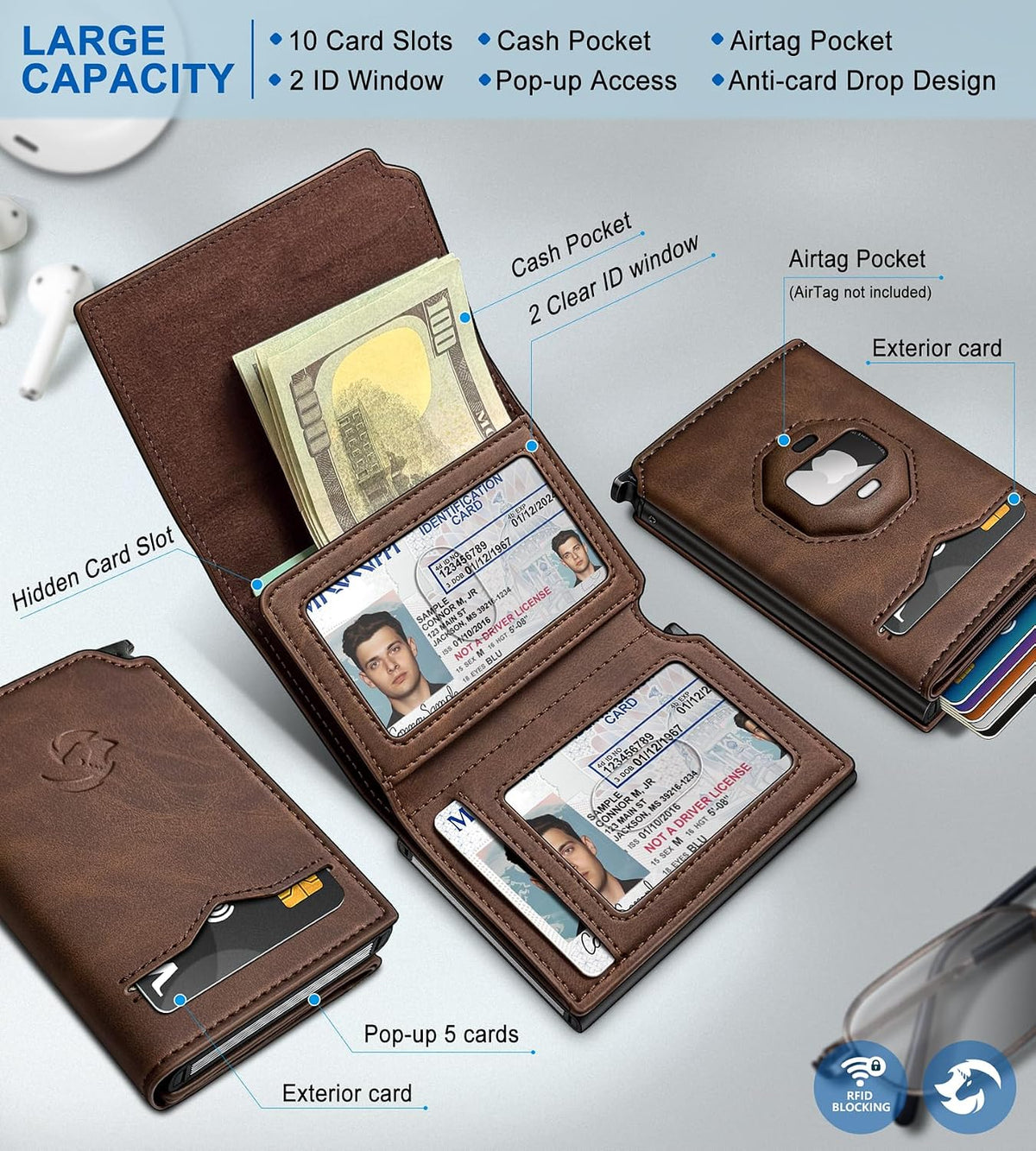 Billetera para Airtag para hombre, con bolsillo para efectivo, 2 ventanas de identificación, más de 10 tarjetas, funda de metal inteligente, delgada, con cierre magnético, bloqueo RFID