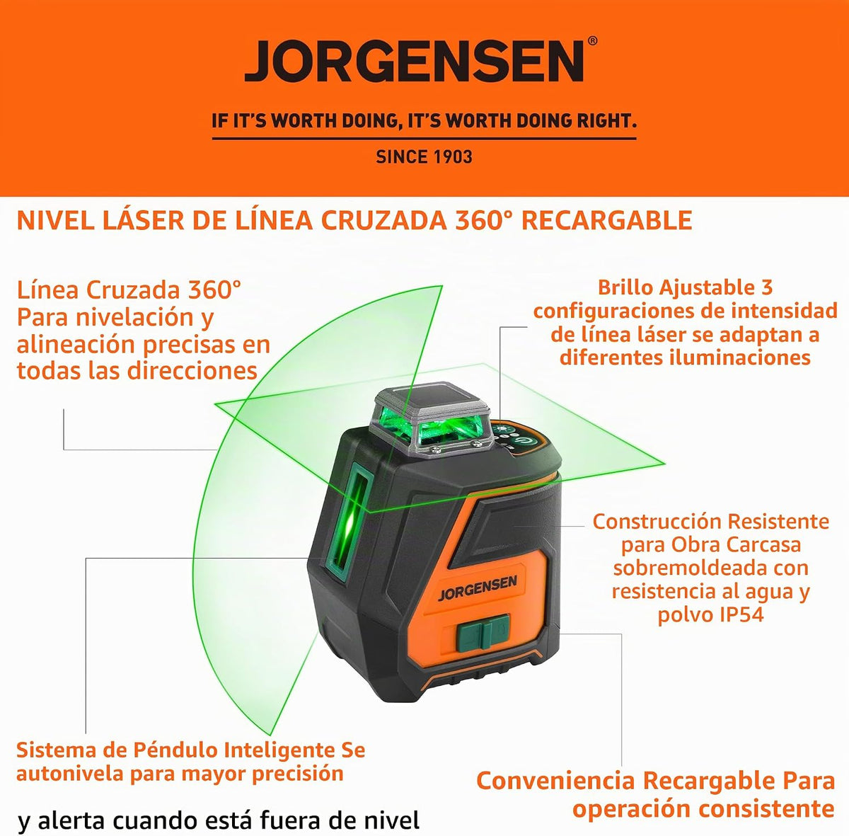 JORGENSEN Nivel láser de 360° con trípode, nivel láser recargable de 100 pies