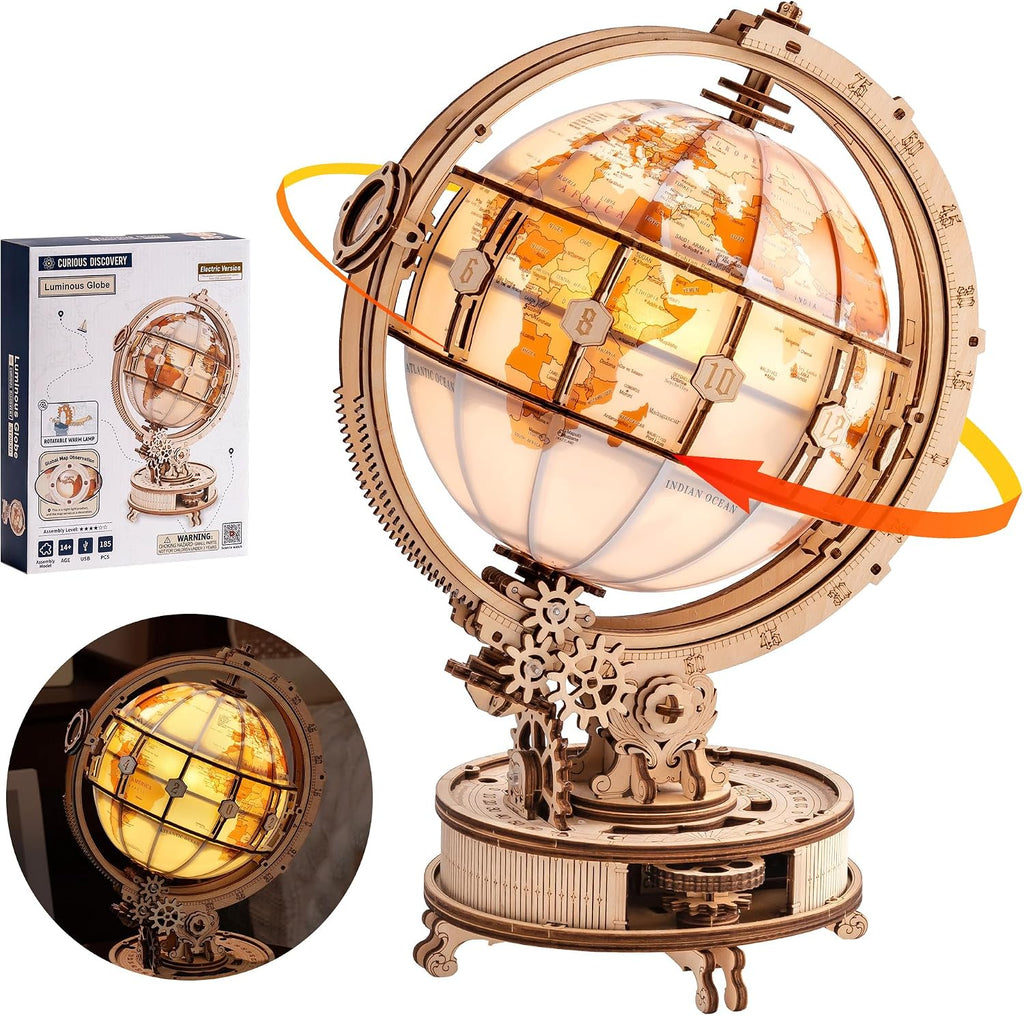 ROBOTIME ST003 - Rompecabezas de madera 3D para adultos, globo luminoso con rotación automática, kit de construcción de rompecabezas 3D de madera con luz LED, luz nocturna modelo globo para adultos