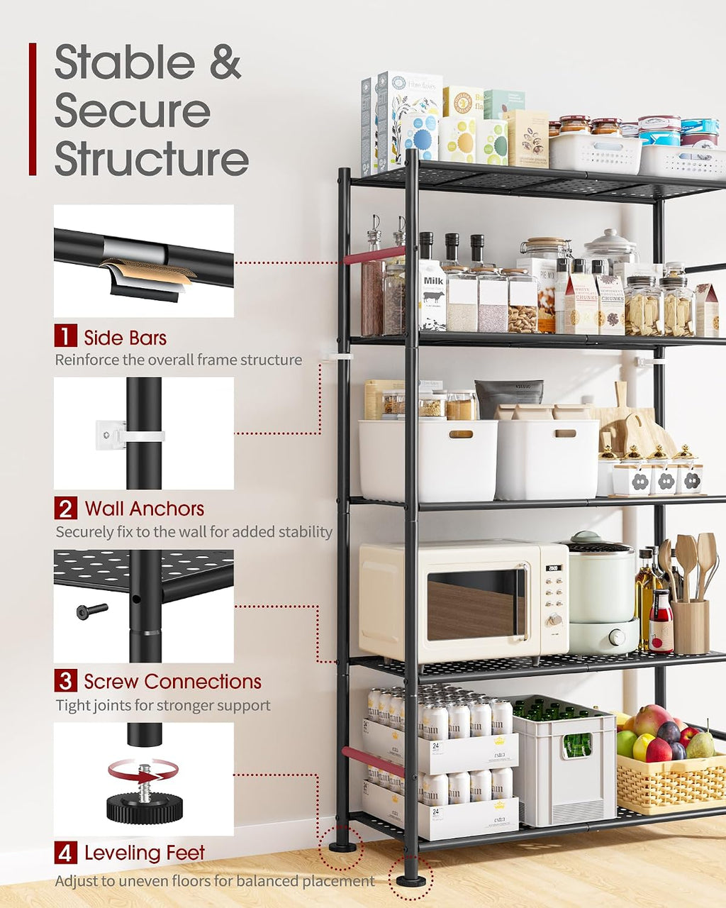 Estantería de garaje de 5 niveles, estantes de almacenamiento de metal resistente, antipunta con patas niveladoras, almacenamiento estable para cocina, despensa y organización de sala de estar