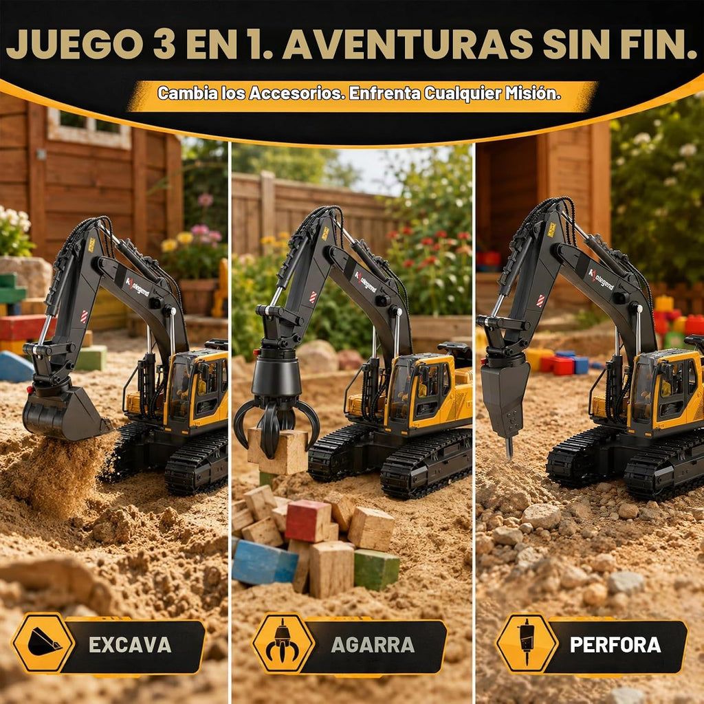 Juguete de excavadora a control remoto 3 en 1 de 14 canales, juguete de excavadora RC para niños de 3 a 12 años con cubo, garra, taladro de 2.4 GHz, vehículos de construcción completamente funcionales, juguetes de regalo para niños de 6, 7, 8, 9, 10 años