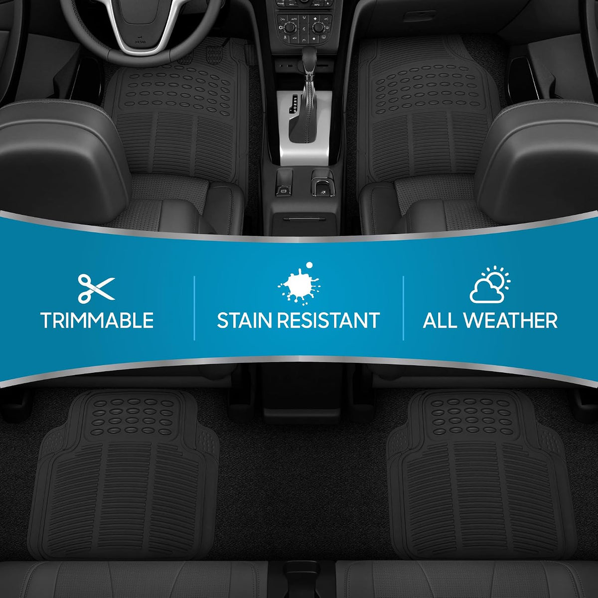 BDK Tapetes de piso para todo tipo de clima, 4 piezas, diseño de ajuste universal, tapetes de goma duraderos con bordes de captura, impermeables para automóviles, camiones, SUV (negro)