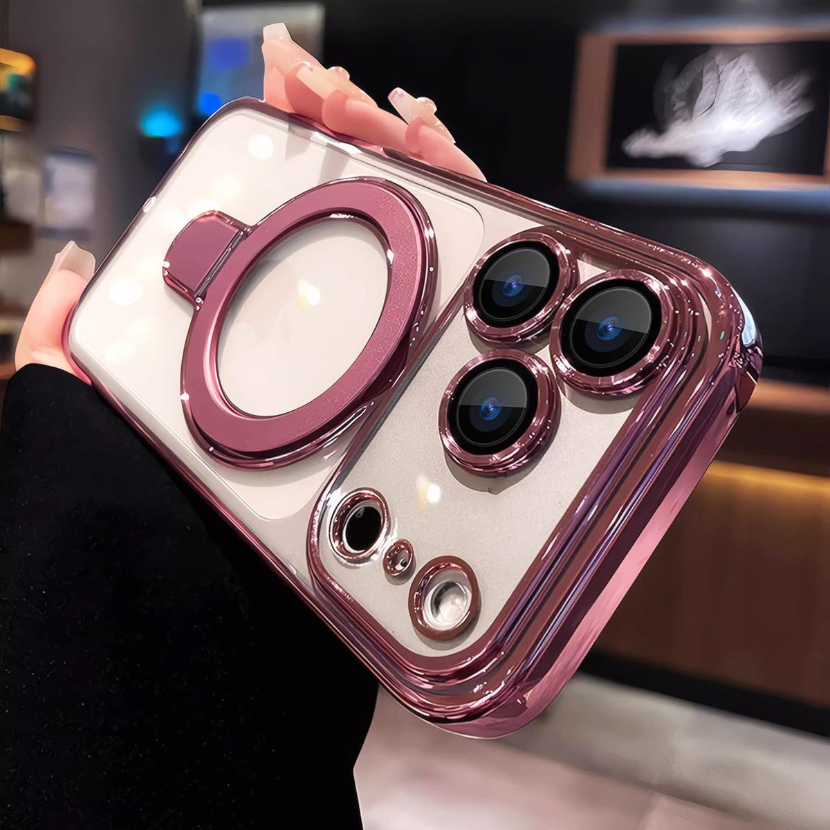 Funda magnética transparente para iPhone 17 Pro Max con soporte, protección completa de la cámara [compatible con Magsafe], funda para iPhone 17 Pro Max de 6.9 pulgadas, color rosa
