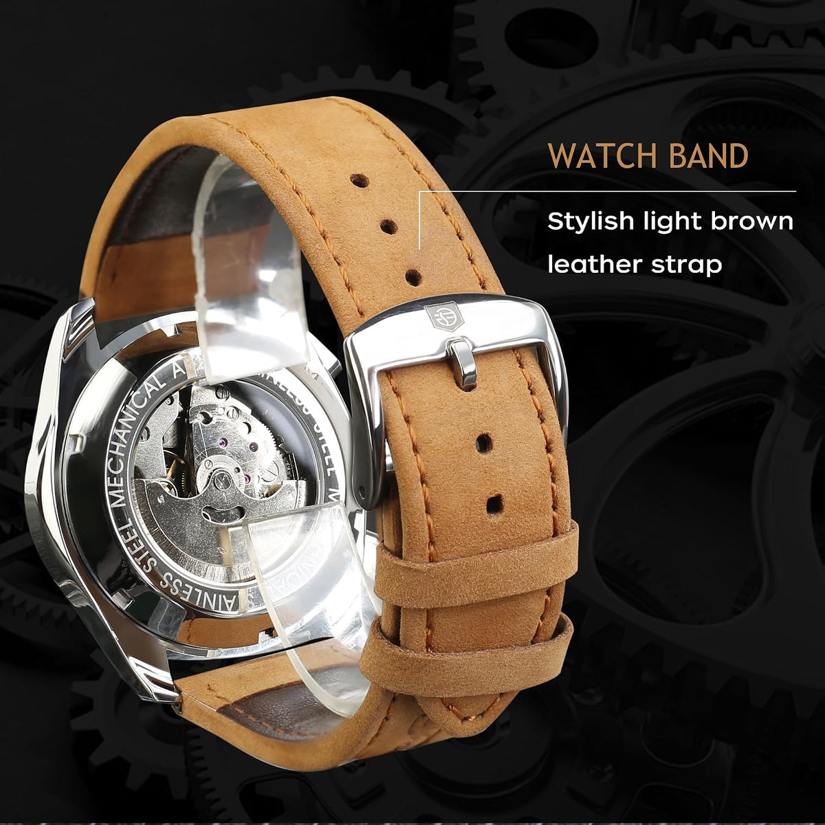 FORSINING Reloj deportivo transparente para hombre, correa de cuero genuino de lujo, reloj esqueleto mecánico automático de moda para hombre