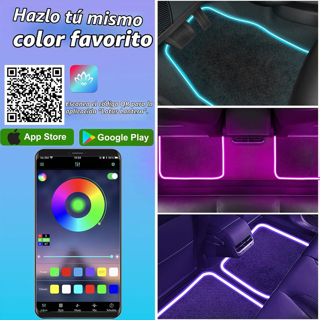 Alfombrillas suaves para el piso del auto con tira de luz LED, ajuste universal, alfombra automotriz negra, alfombrillas para el piso con luces interiores del automóvil con control por aplicación