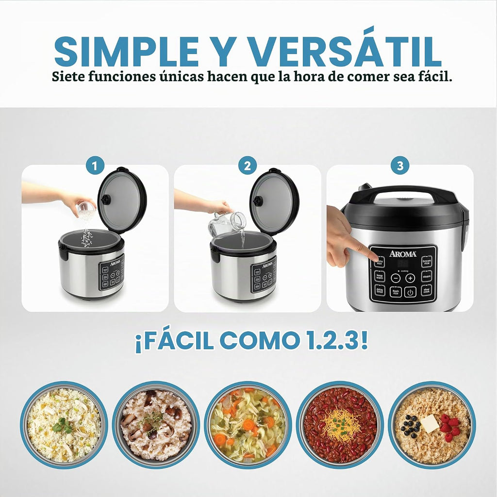 Aroma Housewares olla arrocera digital de 20 tazas (cocidas) (10 tazas sin cocer), olla de cocción lenta, vaporera de alimentos, exterior de acero inoxidable (ARC-150SB), negro