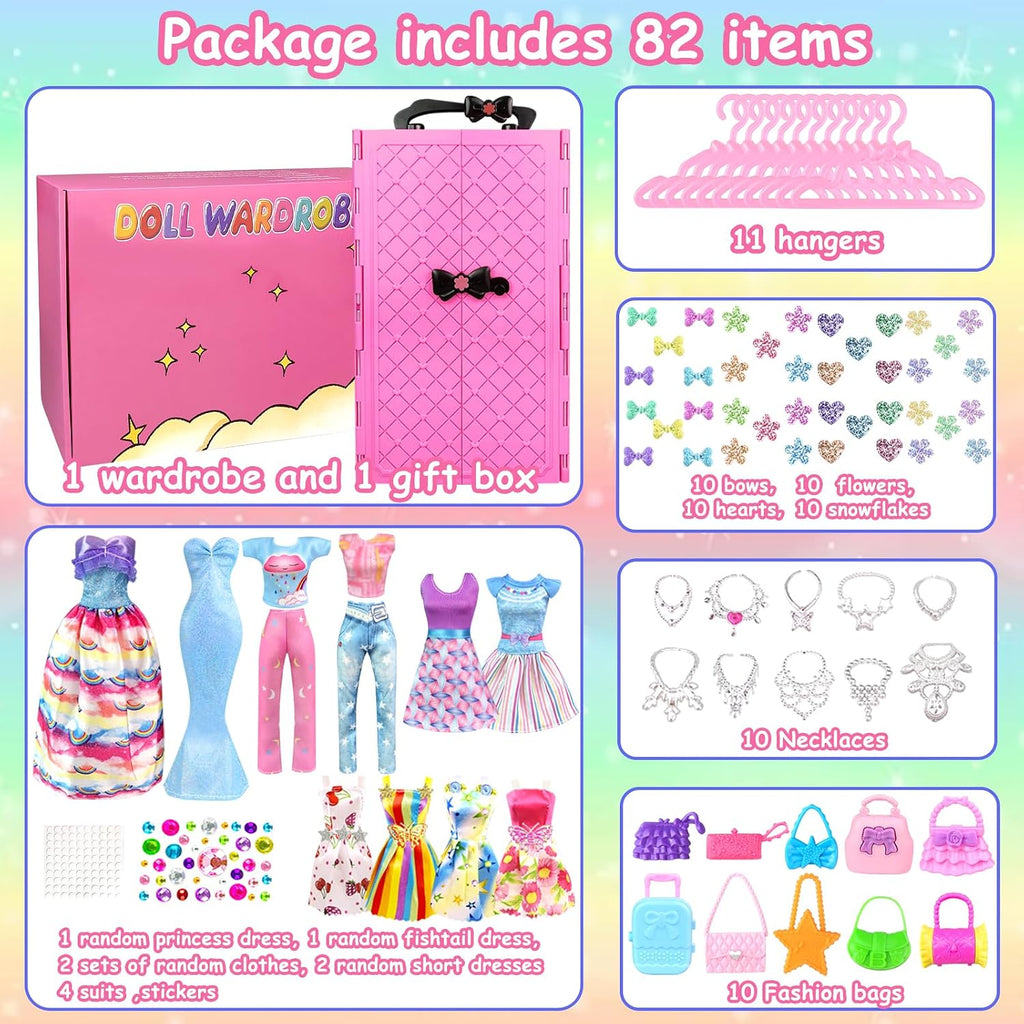 82 piezas de ropa de muñeca y accesorios con armario para muñecas de 11.5 pulgadas, juego de diseño de moda que incluye vestido de boda, vestidos de moda, trajes de tops y pantalones, perchas bolsas