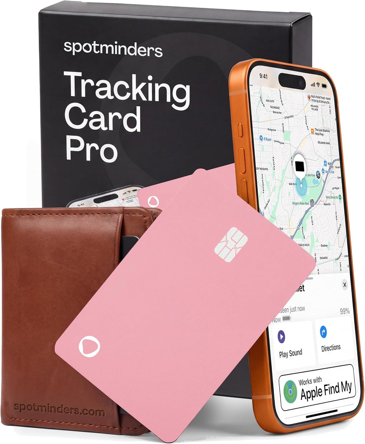 SPOTMINDERS - Cartera de tarjeta de crédito con certificación MFi de Apple, color rosa (solo iOS), esencial de viaje para mujer, funciona con Apple Find My Tarjeta de seguimiento recargable, IP68, 0.07 pulgadas, buscador de artículos delgado para