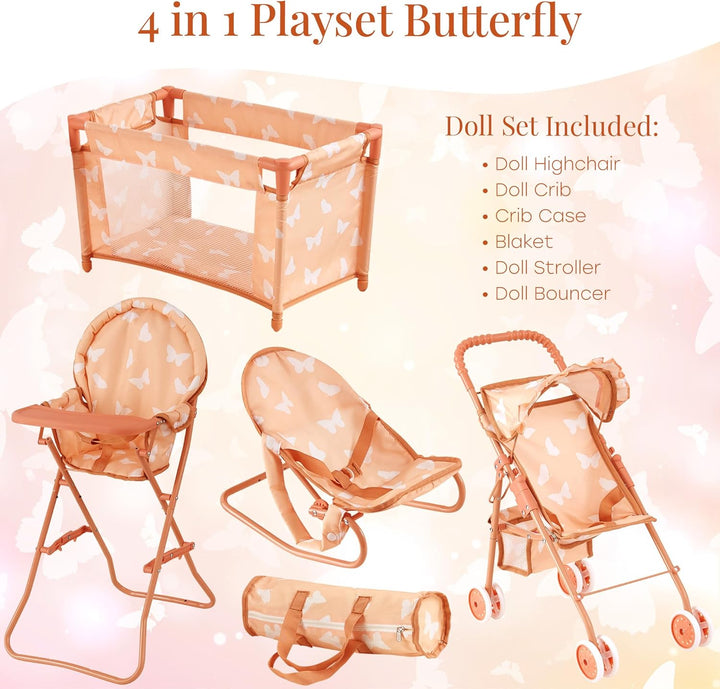 Juego de cochecito de muñeca bebé 4 en 1 con diseño de mariposa \u2...
